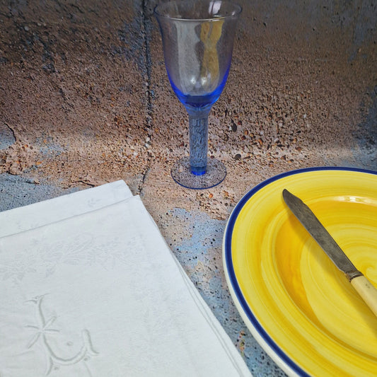 Pair vintage French CL GL monogram embroidered dinner table napkins