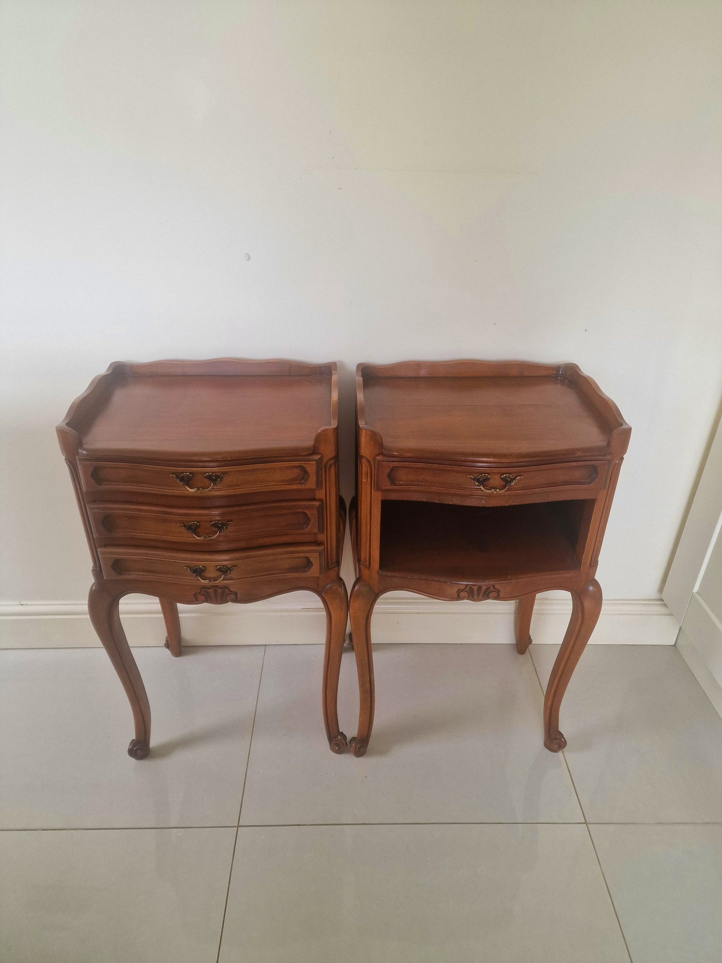 Pair of Monsieur et Madame antique French wooden bedside tables