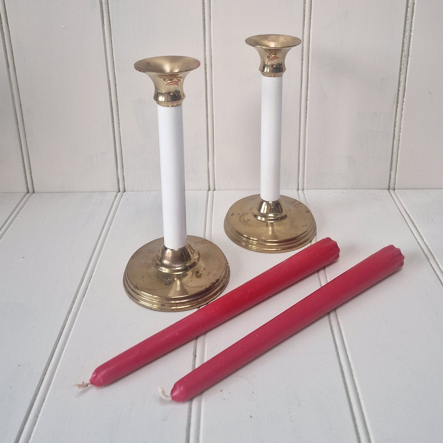 Pair vintage brass candlesticks with white detail