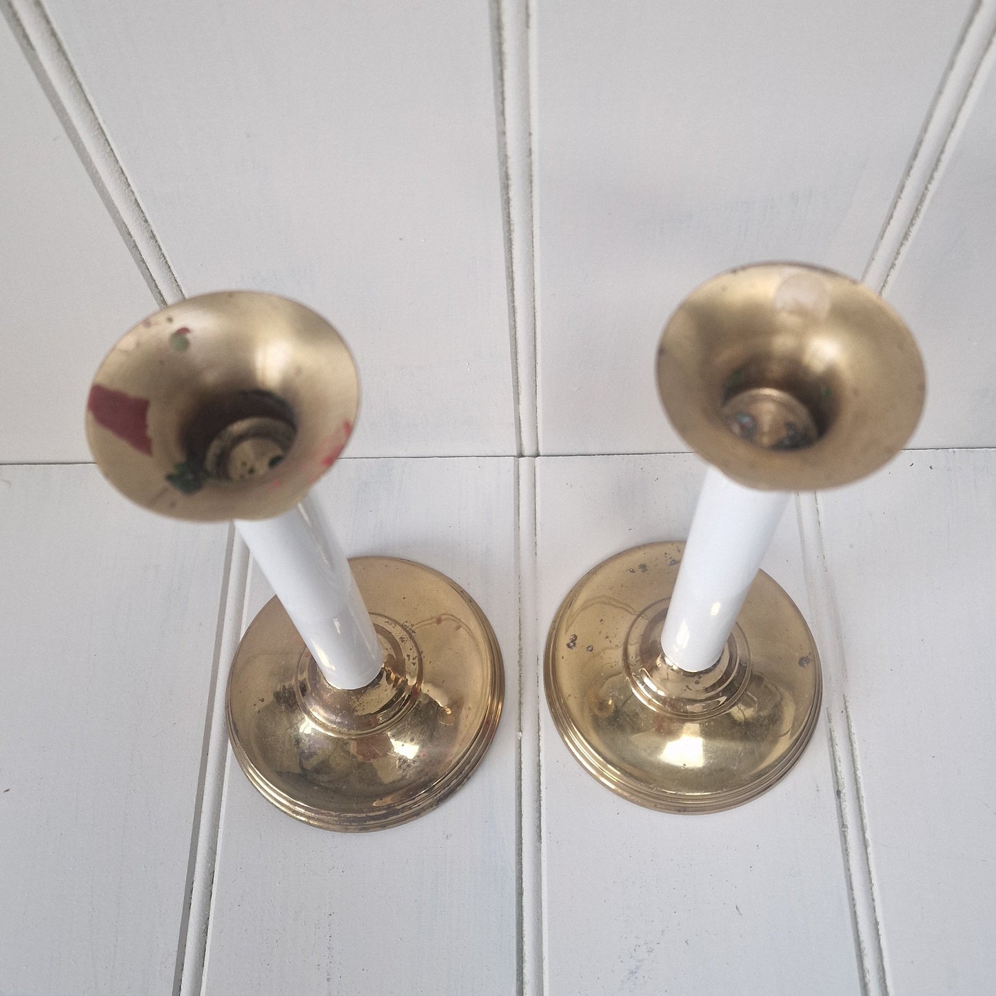 Pair vintage brass candlesticks with white detail