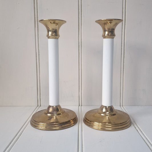 Pair vintage brass candlesticks with white detail