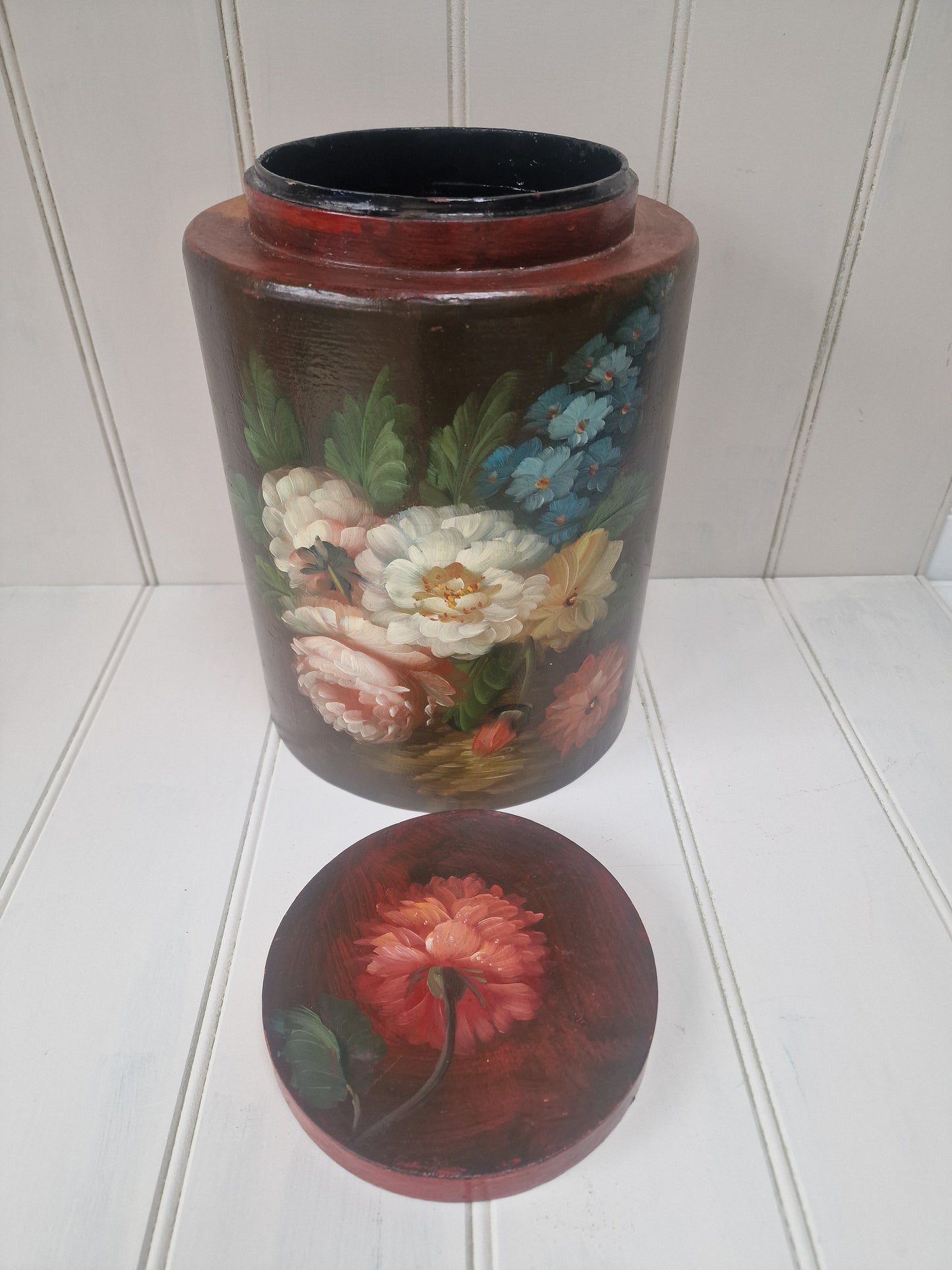 Painted flower design wooden tall storage jar with lid