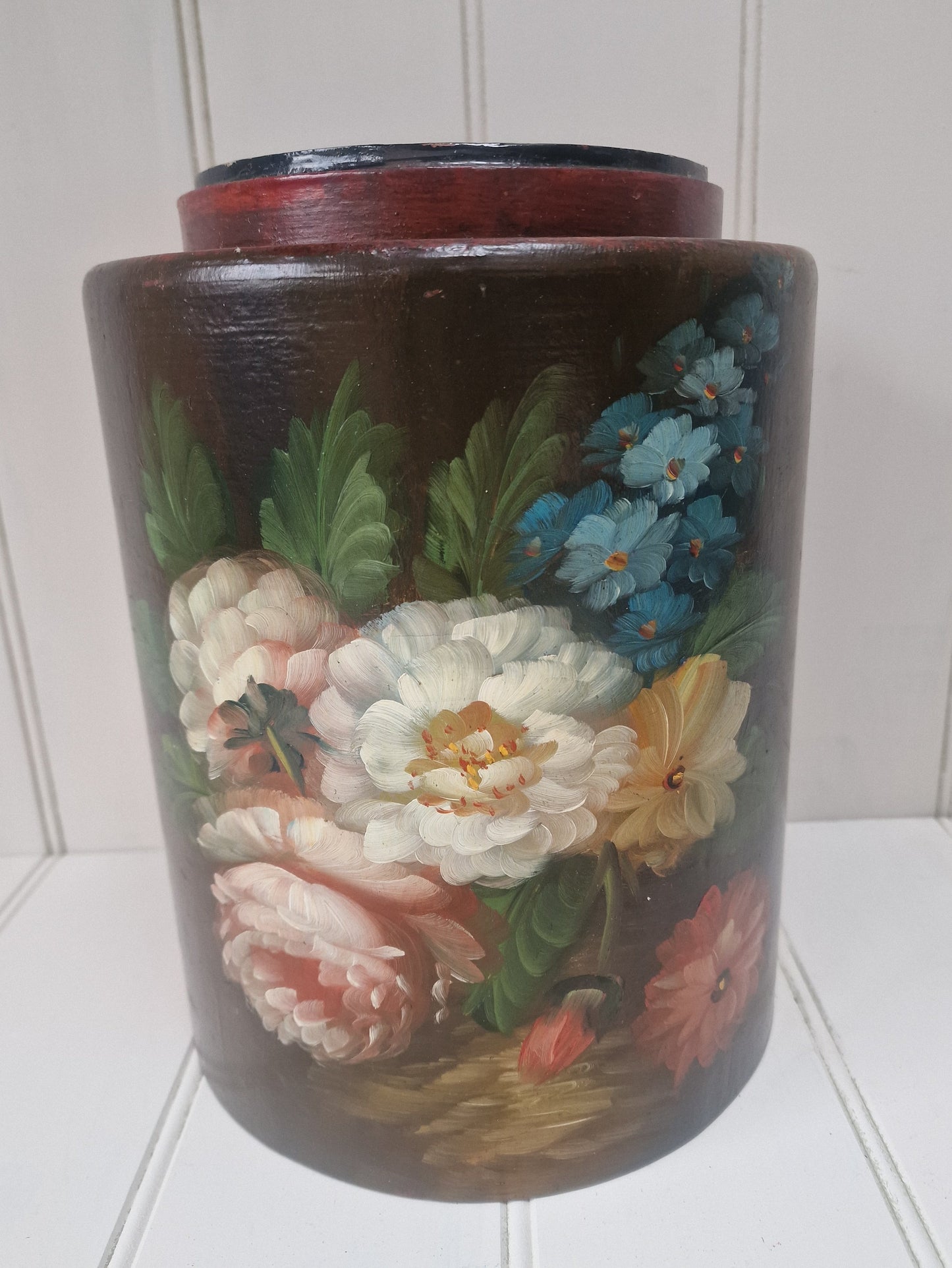 Painted flower design wooden tall storage jar with lid