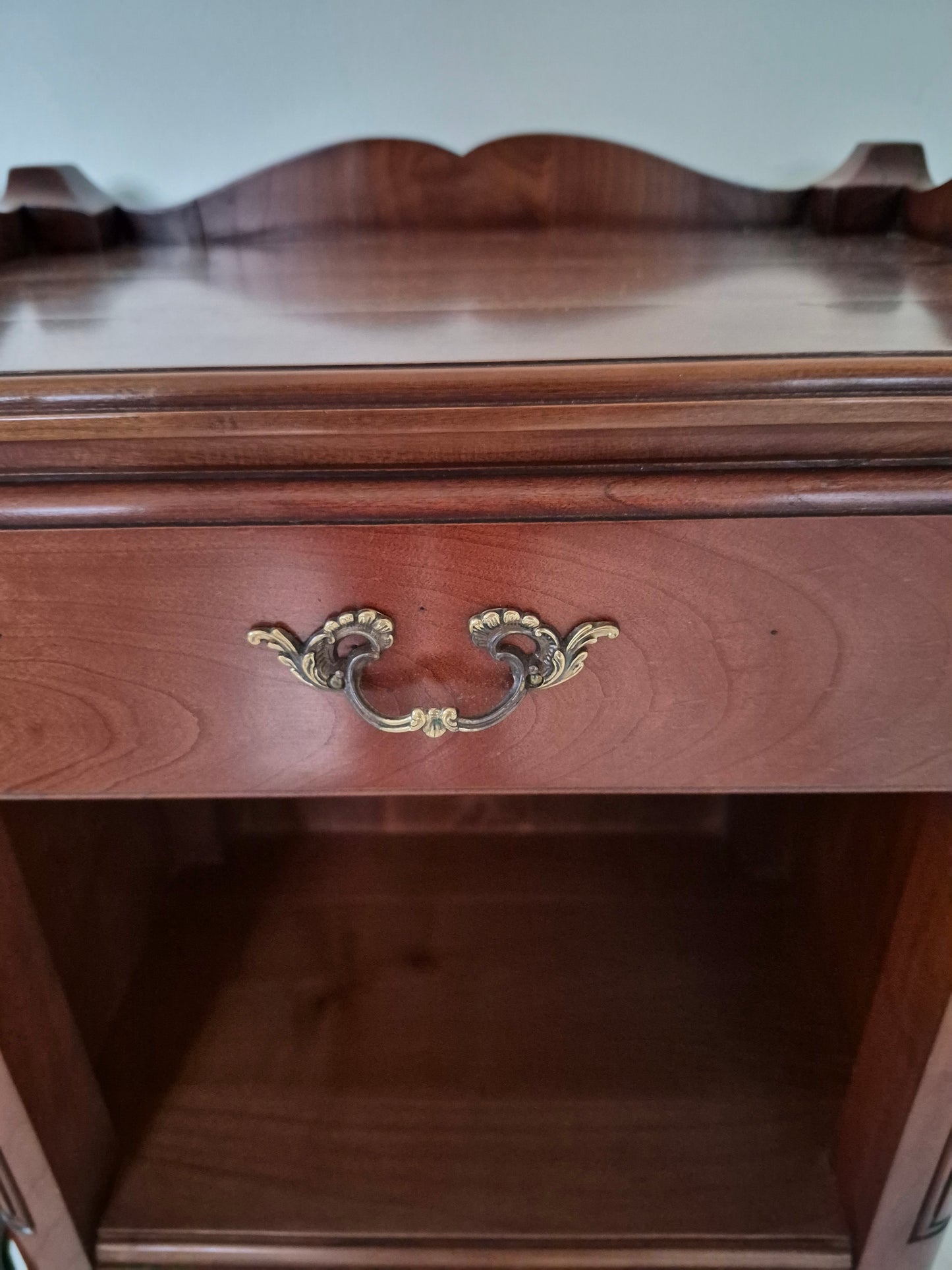Pair vintage French dark wood bedside tables