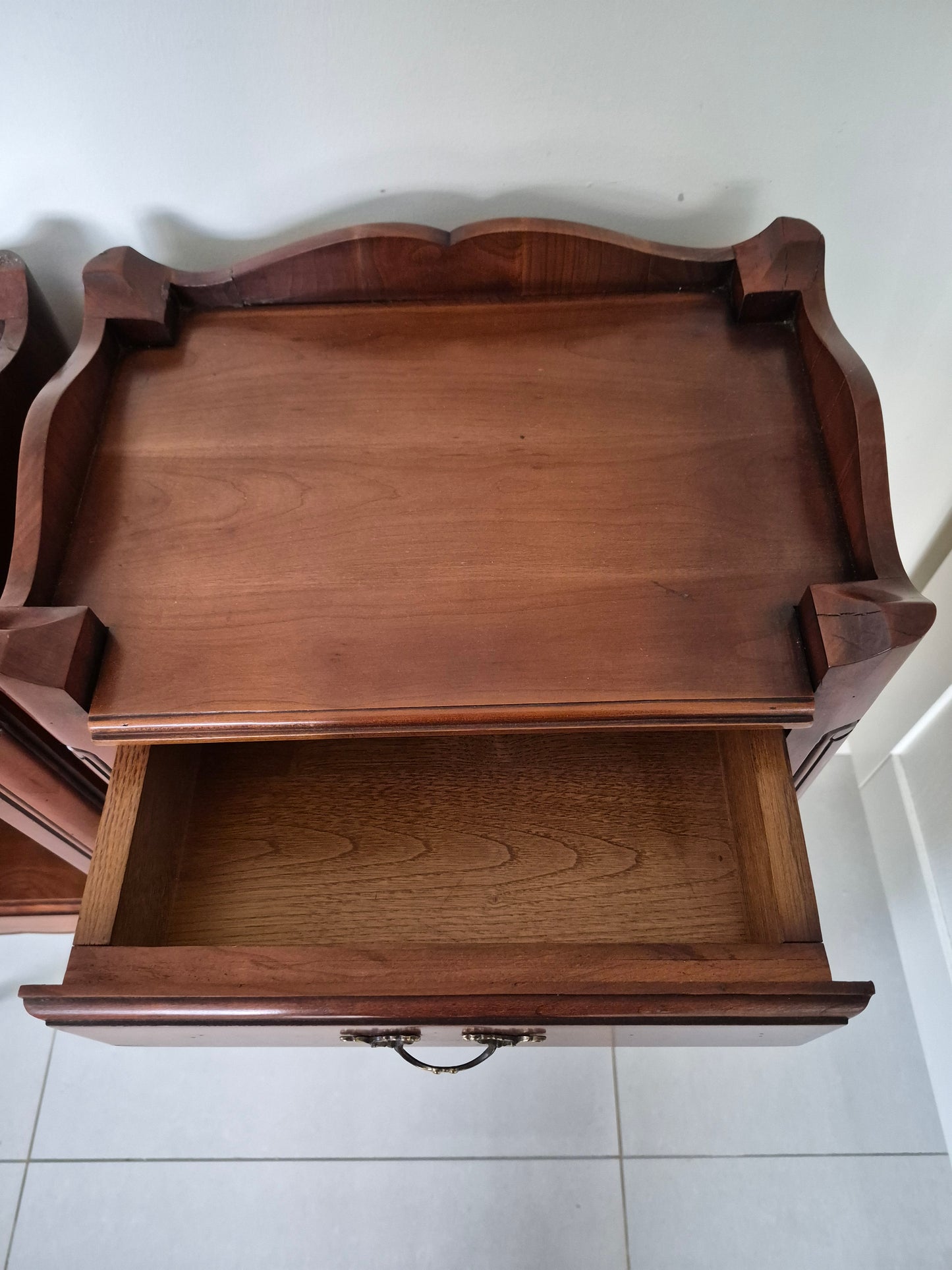 Pair vintage French dark wood bedside tables