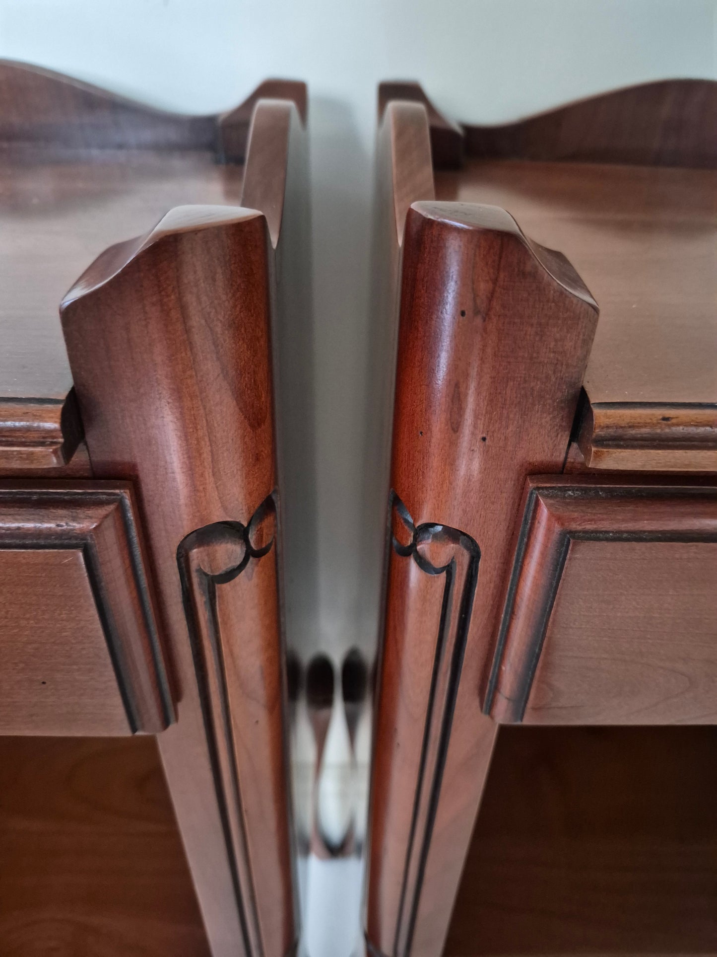 Pair vintage French dark wood bedside tables