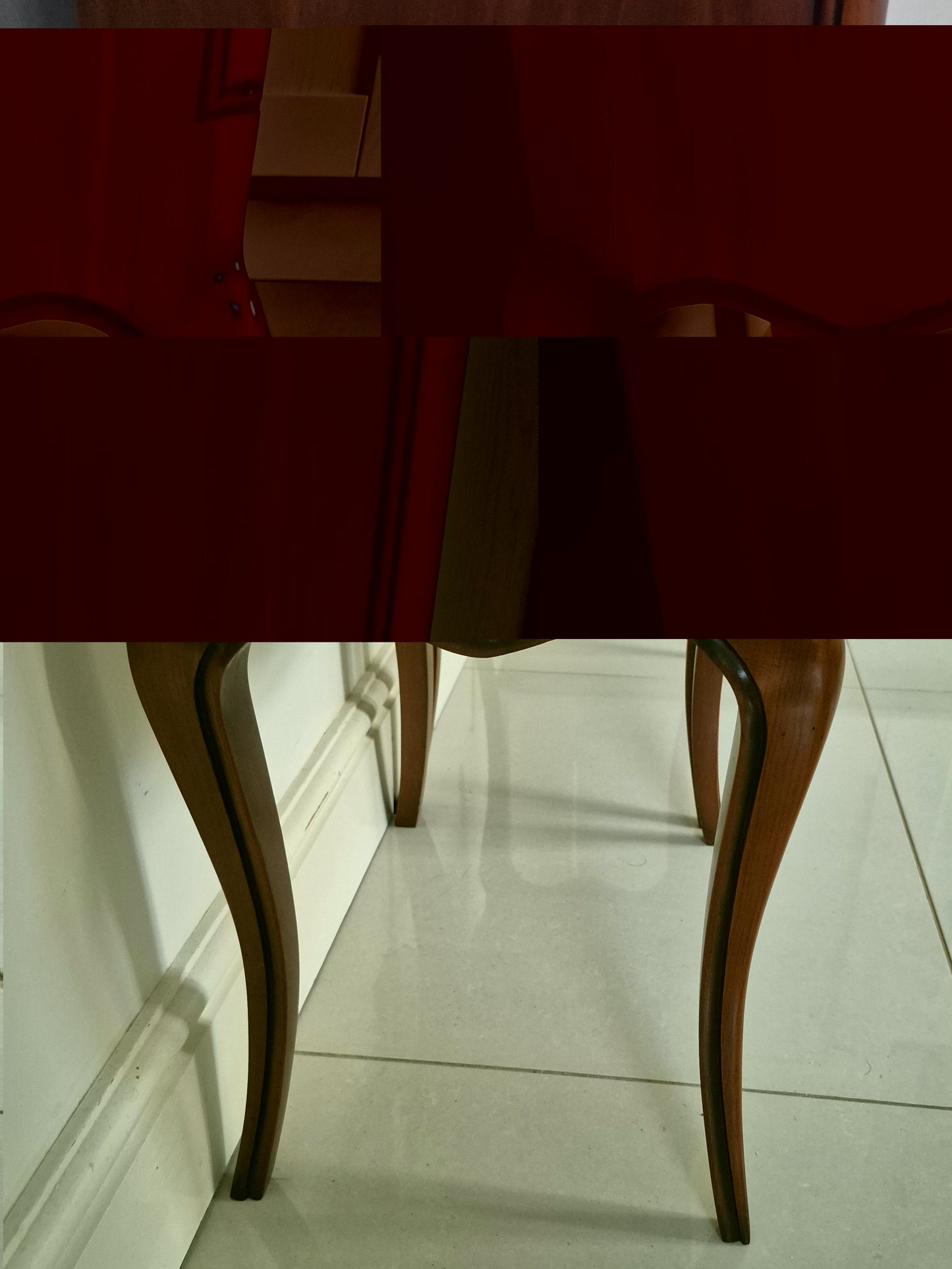 Curved legs of dark wood bedside tables