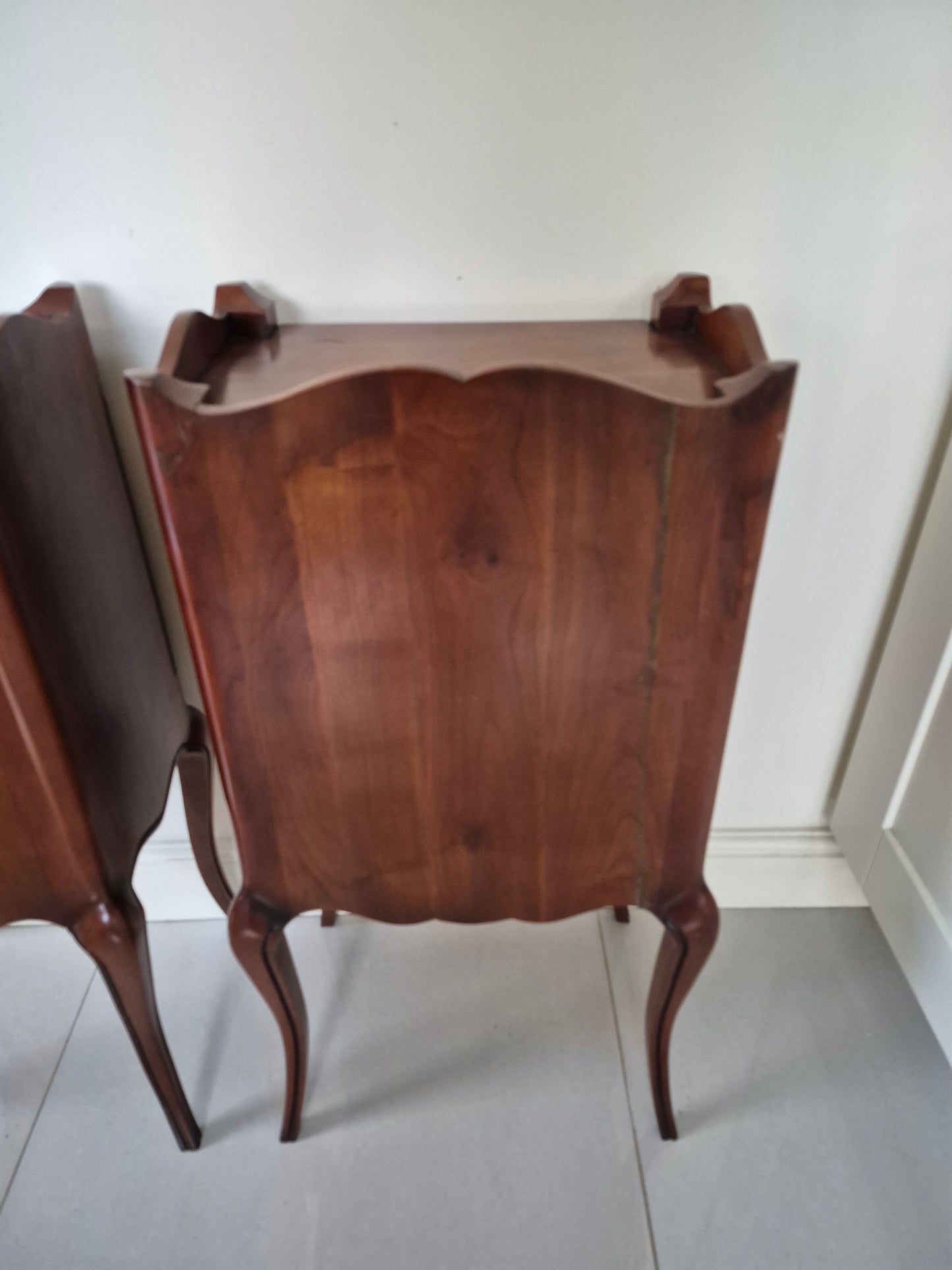 Pair vintage French dark wood bedside tables