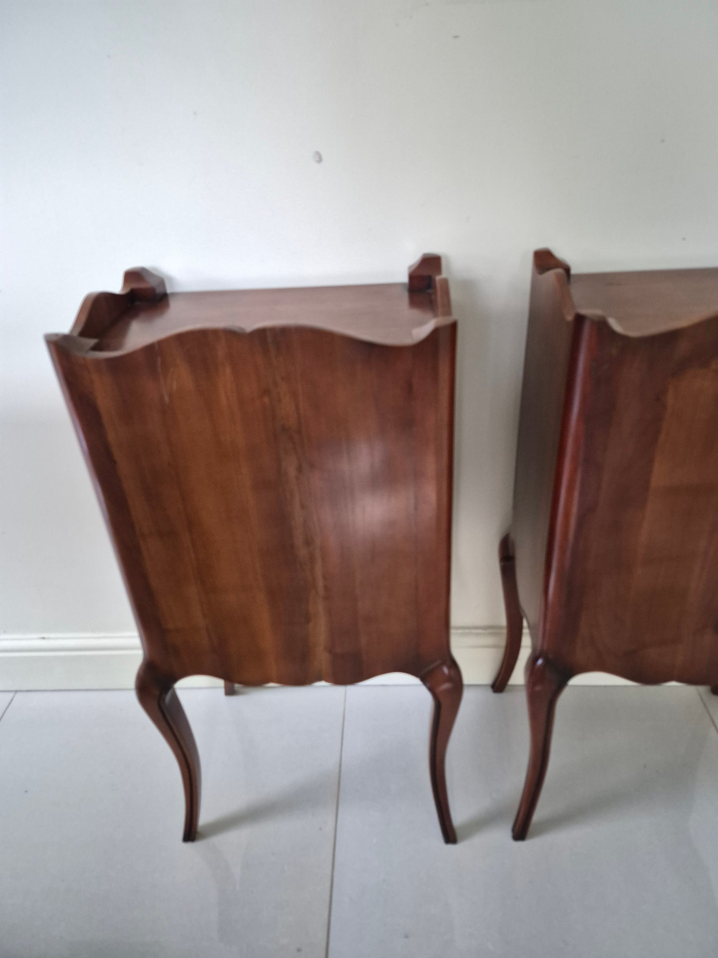 Pair vintage French dark wood bedside tables