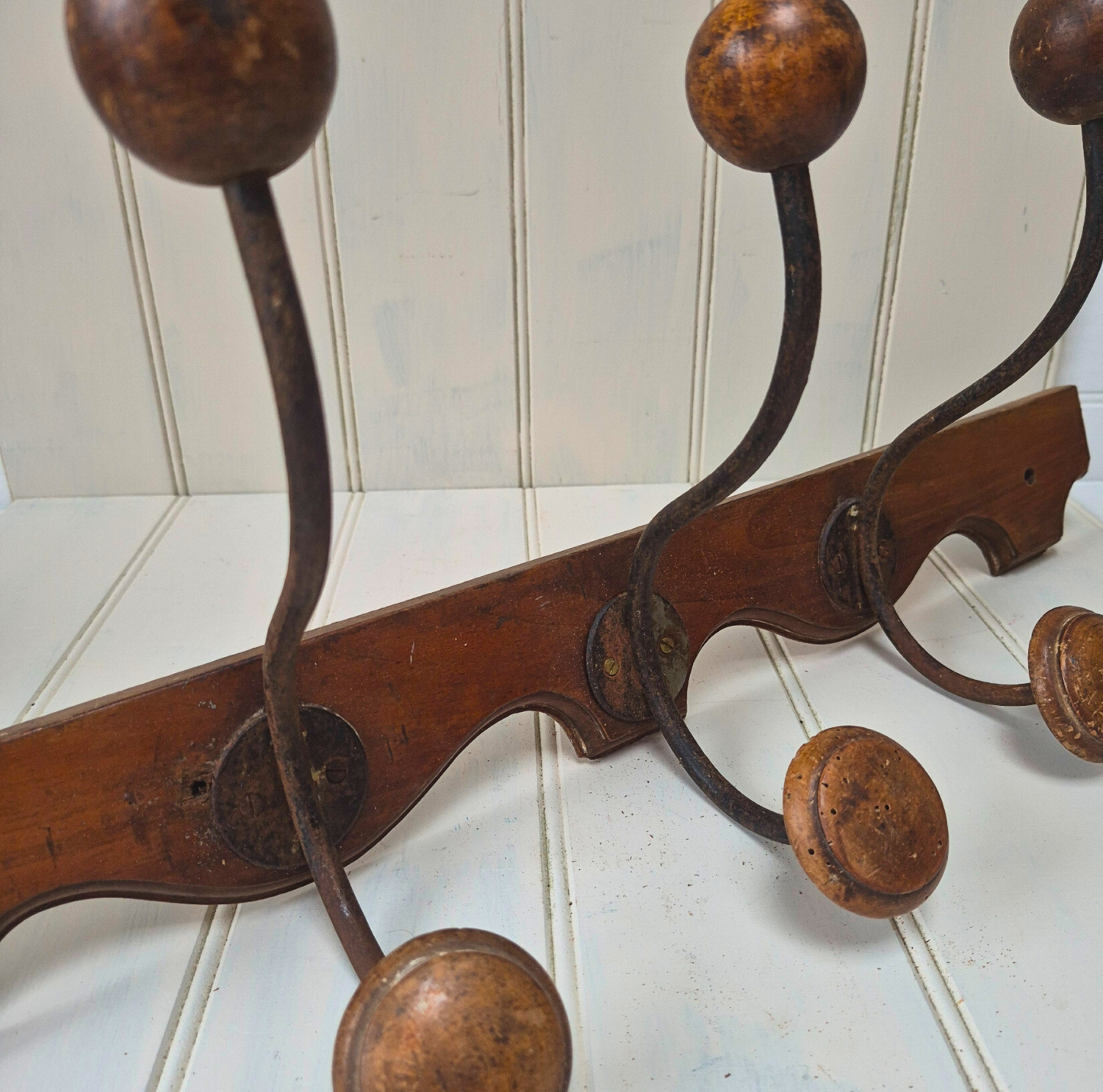 Vintage French wooden 3 hook rack with curved base