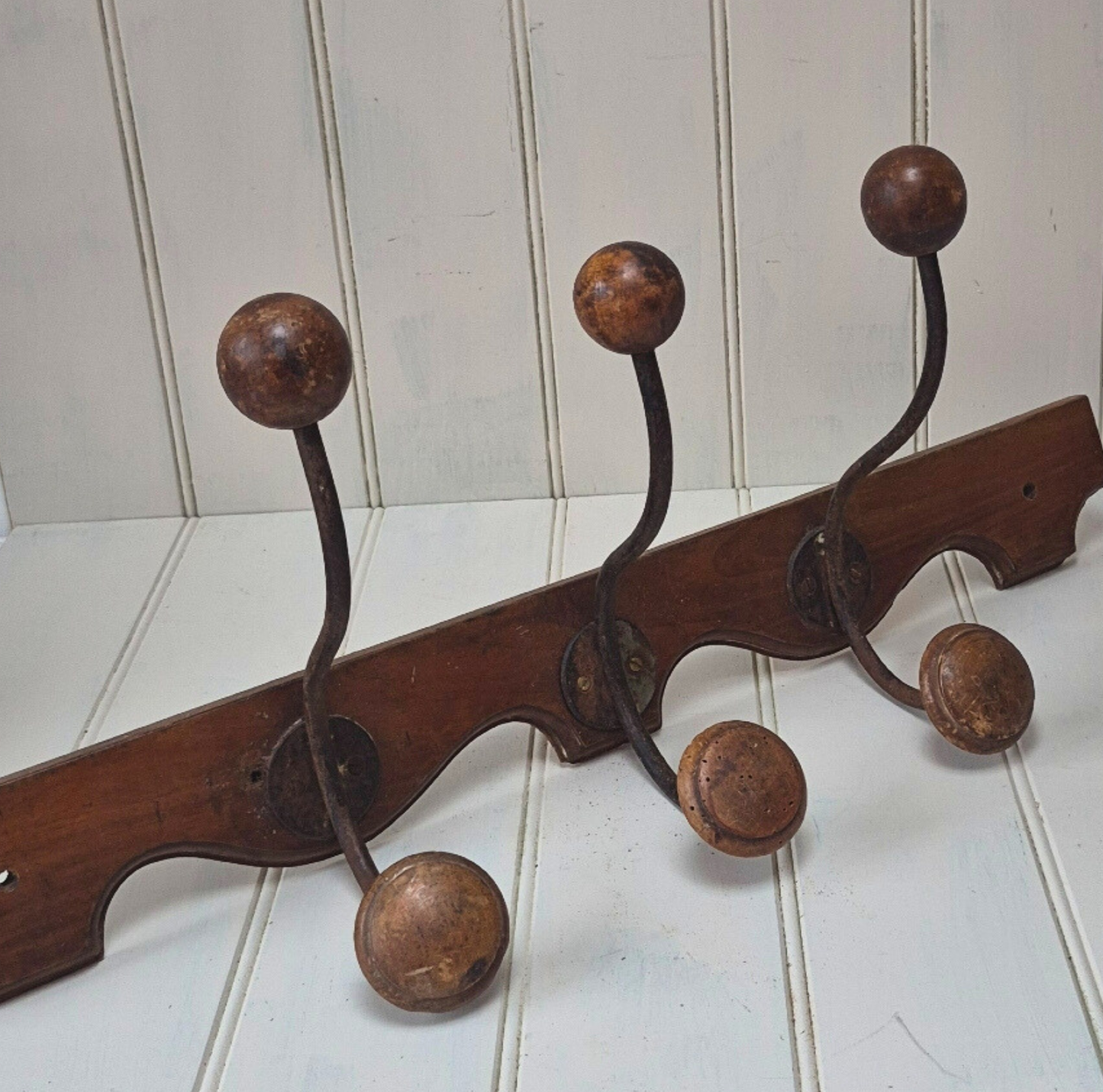 Vintage French wooden 3 hook rack with curved base
