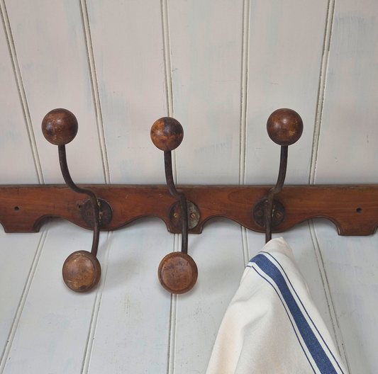 Vintage French wooden 3 hook rack with curved base