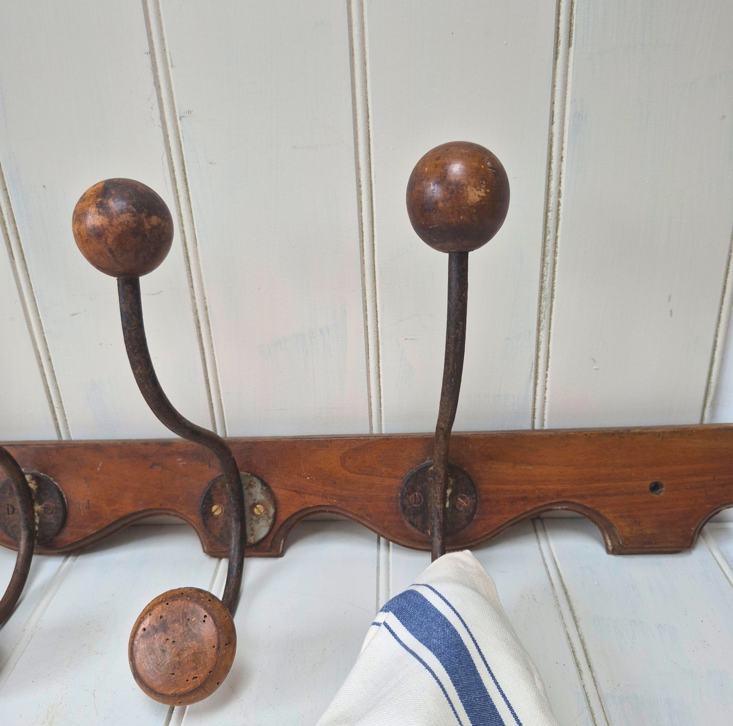 Vintage French wooden 3 hook rack with curved base