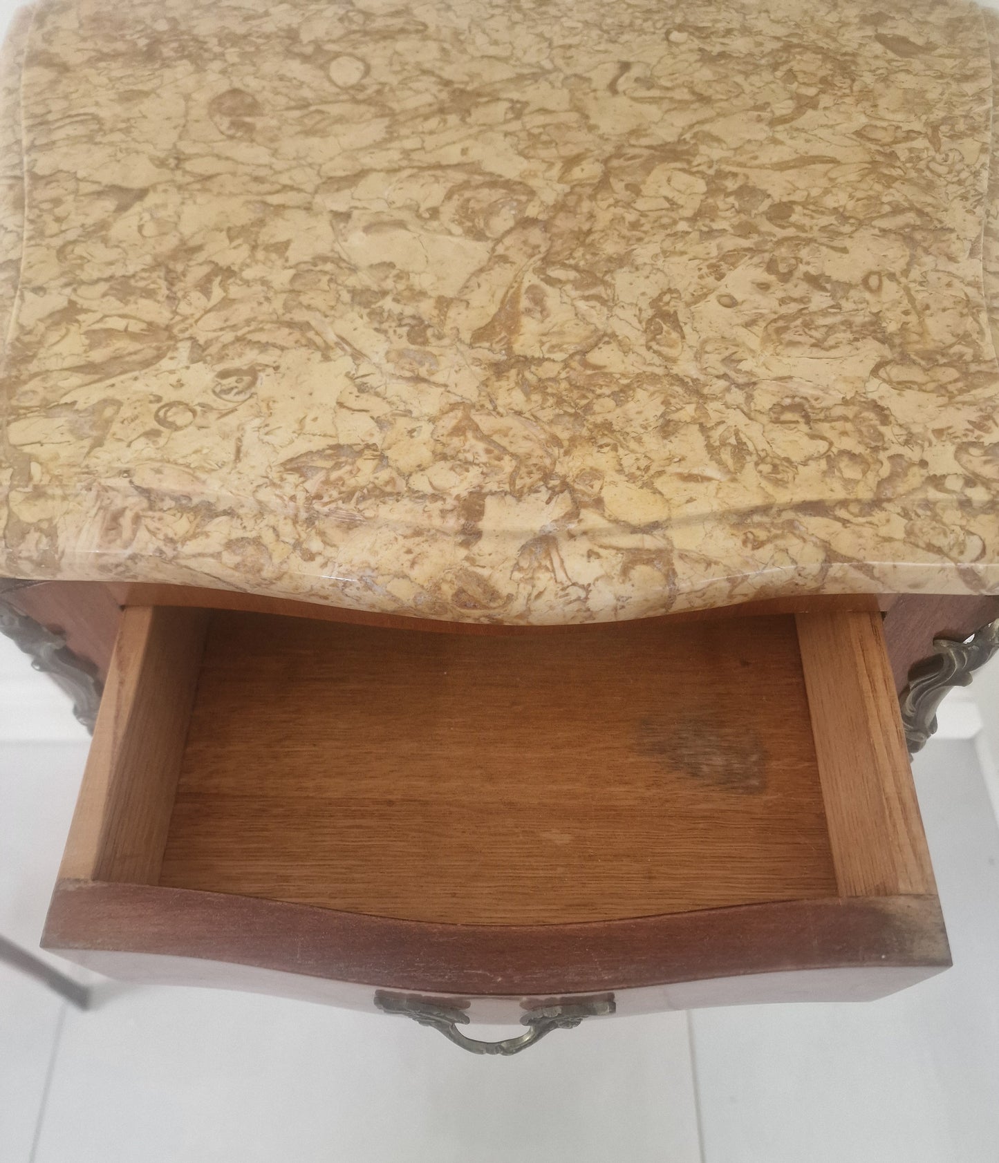 Pair Antique French Louis XV style marquetry bedside tables with marble tops