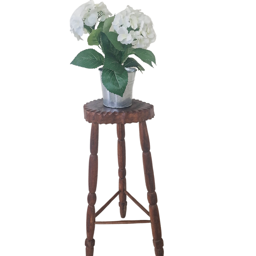 Vintage French oval top compact wooden plant stand with three legs