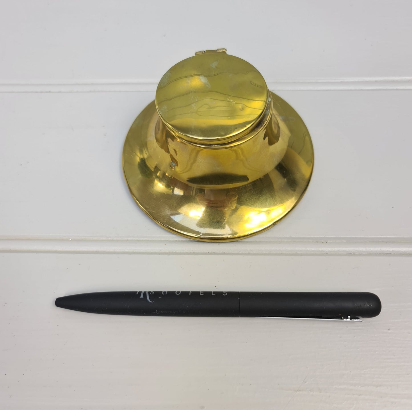 Vintage French brass retro inkwell with original glass insert Round inkstand with lid