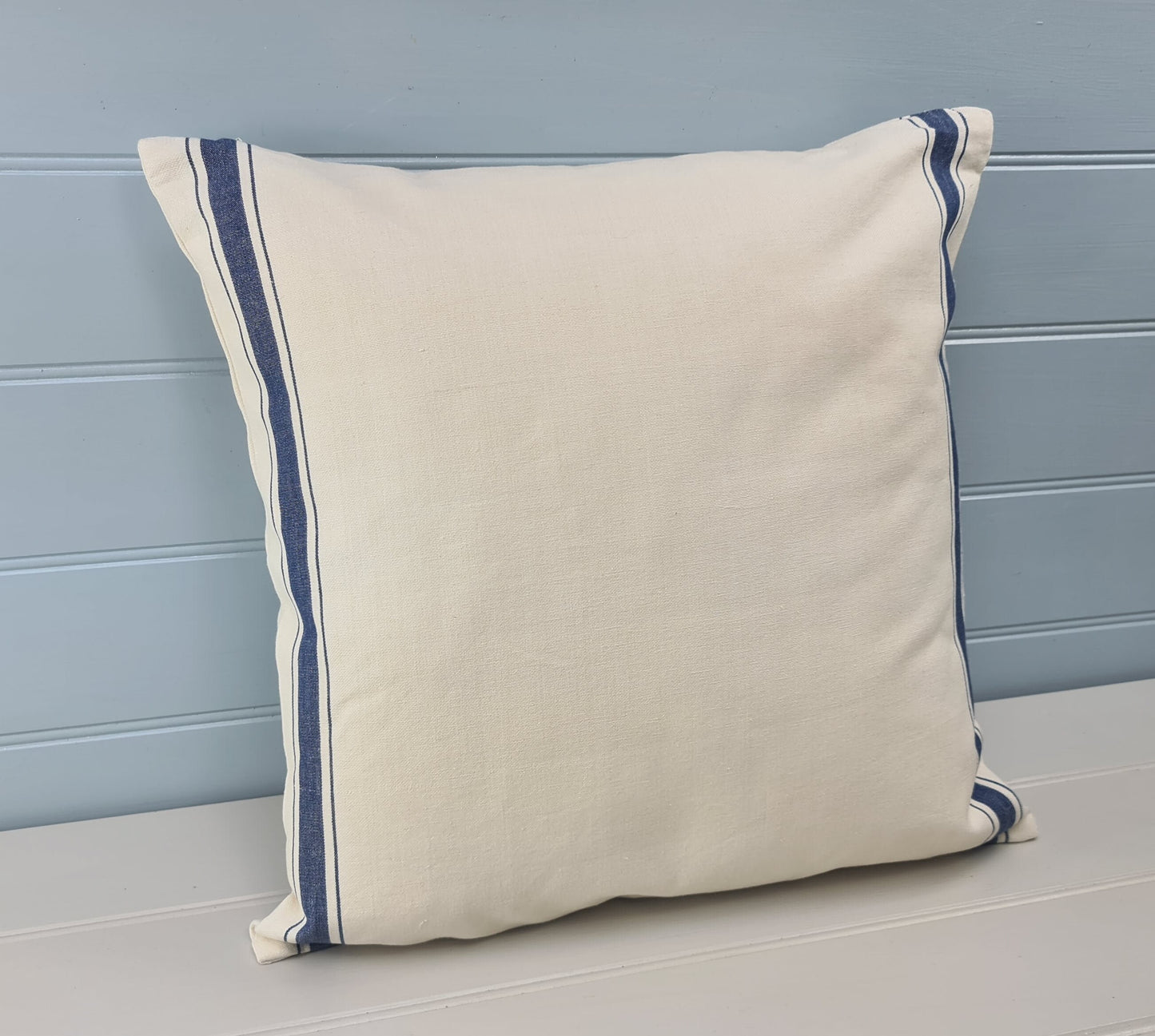 French striped cushion pillow cover 18in 45cm sq Traditional double navy nautical stripes on premium cream cotton Double sided Heavy duty