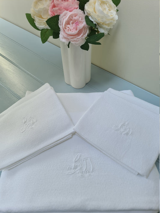 SET 12 BD or BJJ monogram napkins + tablecloth Rectangular French Dining Kitchen Trousseau White Cotton Wedding Party Ideal gift Immaculate