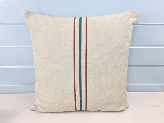 French striped cushion pillow cover 18in 45cm sq Traditional red and navy nautical stripes on premium cream cotton Heavy duty Double sided