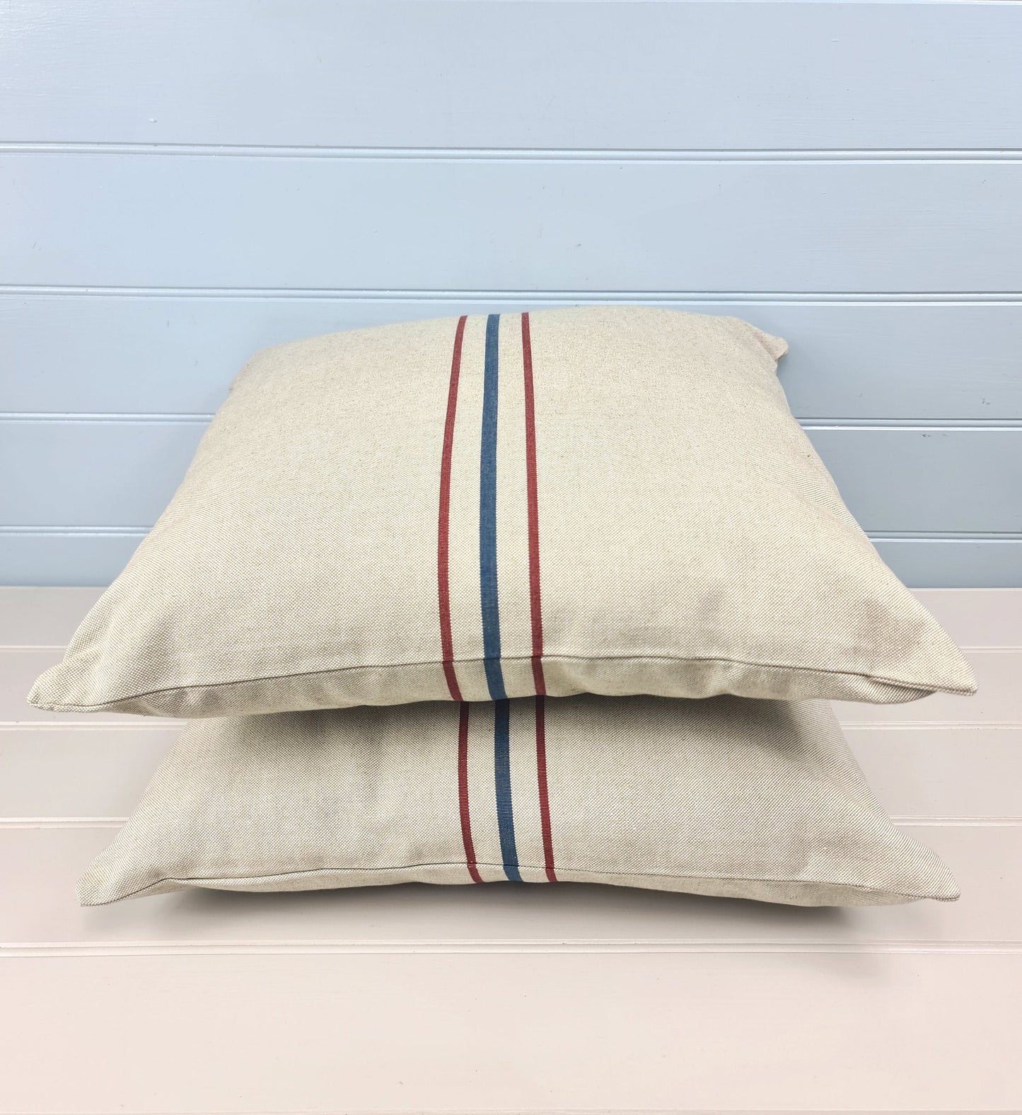 French striped cushion pillow cover 18in 45cm sq Traditional red and navy nautical stripes on premium cream cotton Heavy duty Double sided