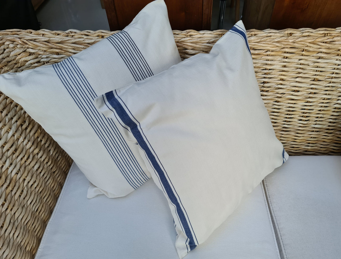 French striped cushion pillow cover 18in 45cm sq Traditional double navy nautical stripes on premium cream cotton Double sided Heavy duty