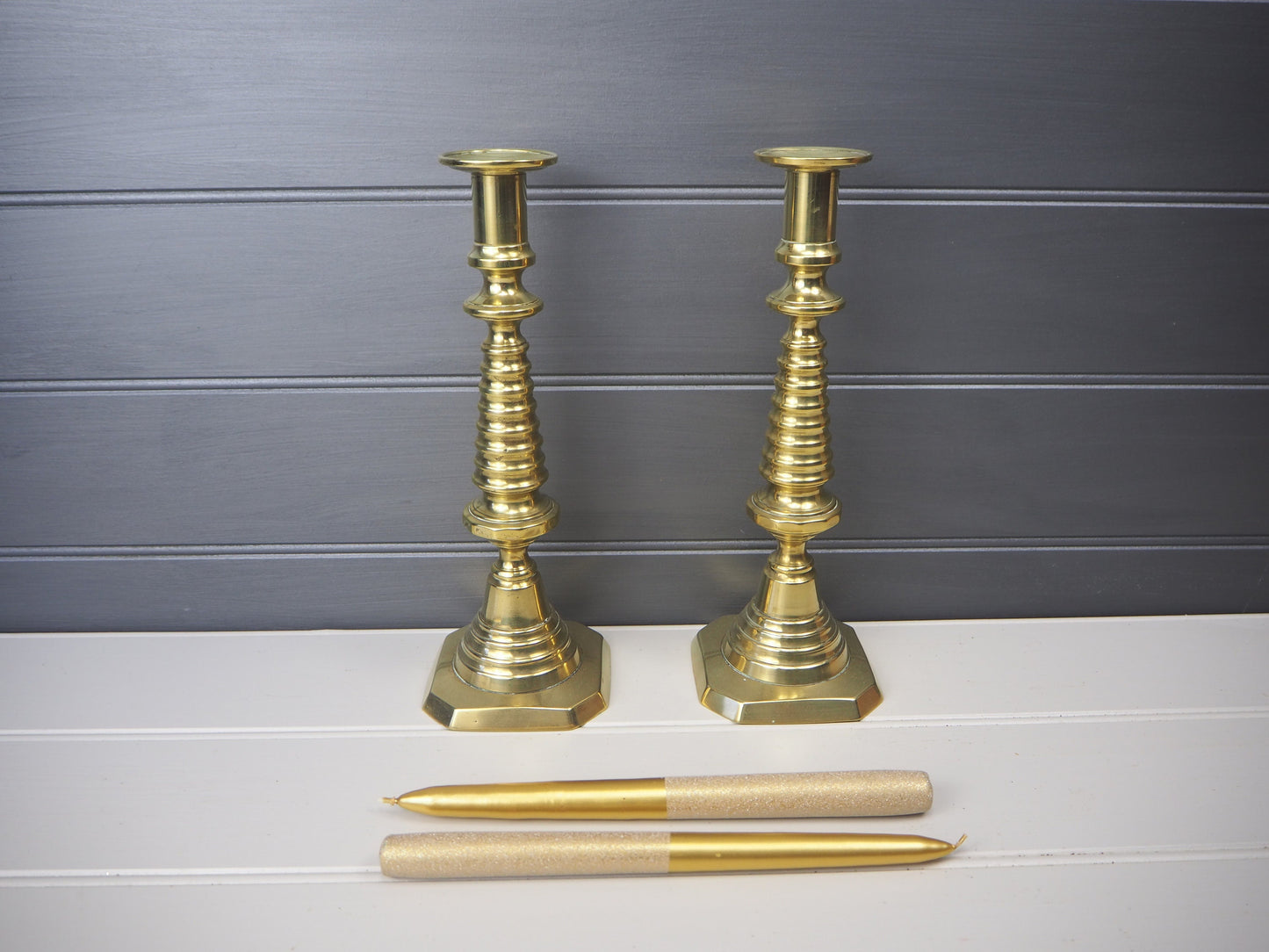 PAIR Vintage French polished brass decorative candlesticks with bobbin detail Candle holders Mantle Decor Table decor Tablescape accessories