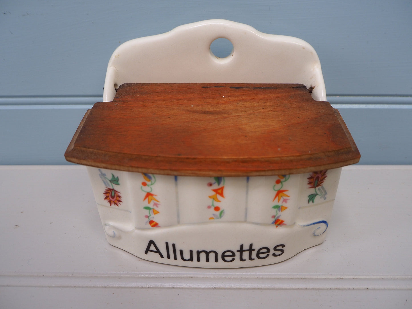 Vintage Allumettes Matches ceramic storage container with wooden lid Floral design on cream Wall hanging or free standing Idea gift