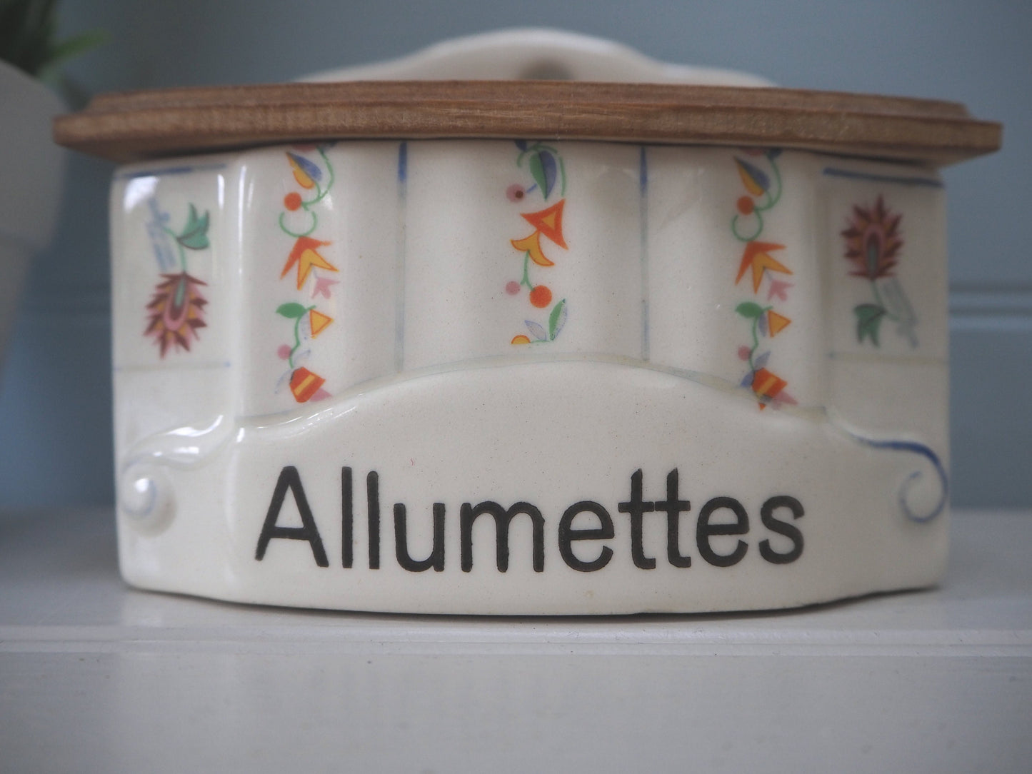 Vintage Allumettes Matches ceramic storage container with wooden lid Floral design