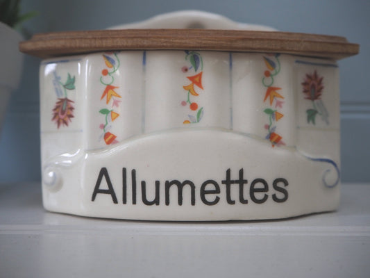 Vintage Allumettes Matches ceramic storage container with wooden lid Floral design on cream Wall hanging or free standing Idea gift