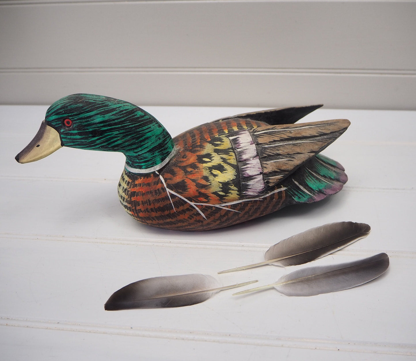 Vintage French painted wooden decoy duck Carved wooden full size Mallard duck Decorative antique Ideal gift
