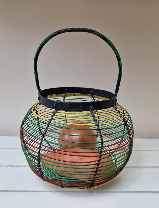 Vintage French red green yellow stripe wire egg fruit vegetable basket Rare compact storage basket Kitchen utensil storage Kitchenalia Gift