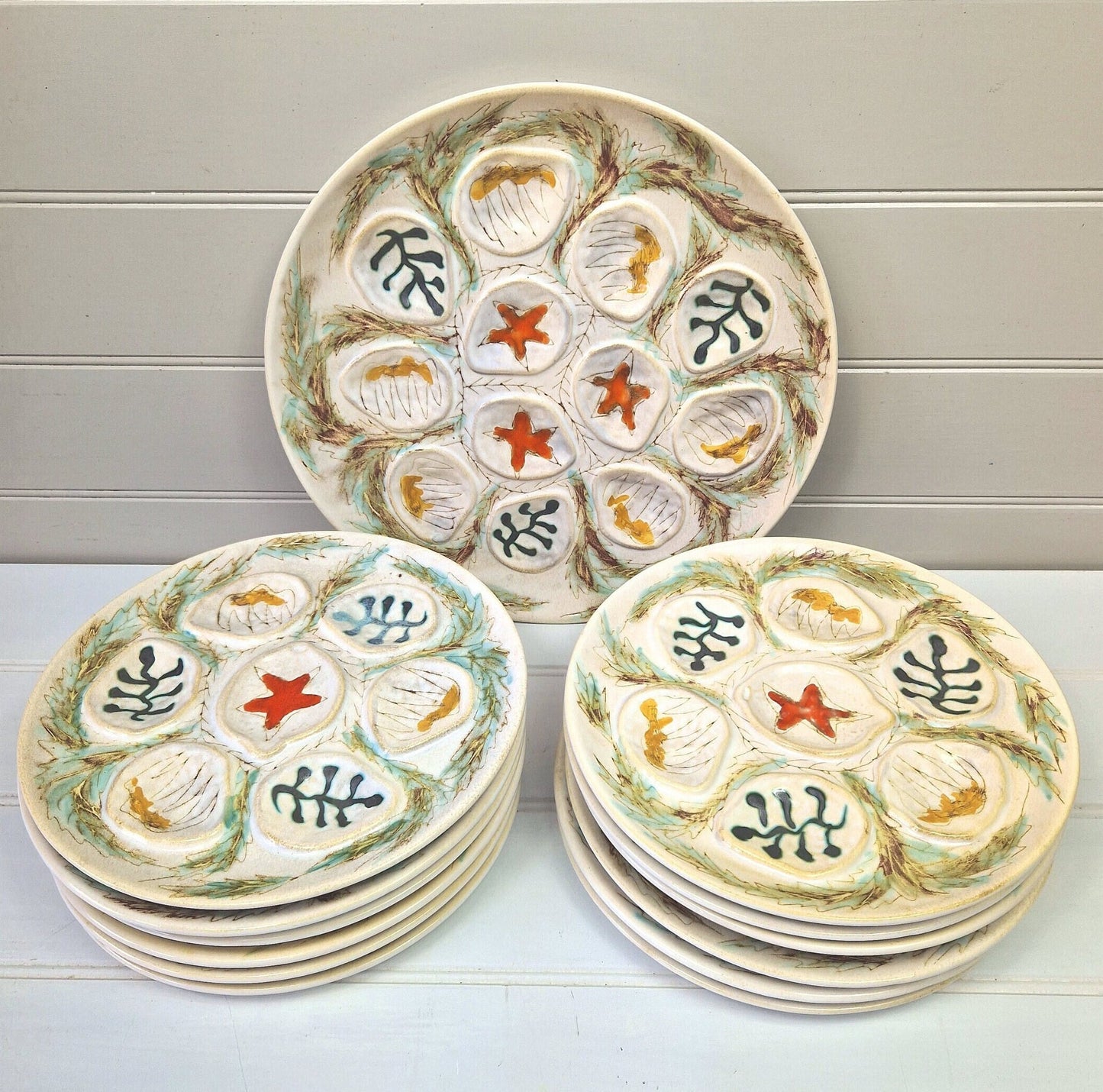 Set vintage French MBFA Pornic 1960s Hand painted Penerff design Oyster plates Seafood platter Rust/Yellow/Green ceramics Rare Cook's gift